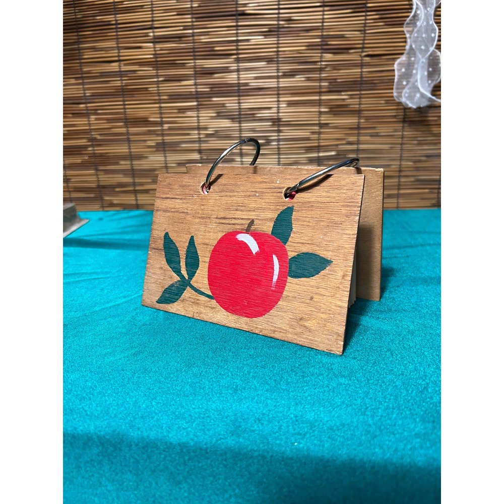 Vintage Hand Painted Apple Wood Recipe Flip Book Typed Cards Mid Century